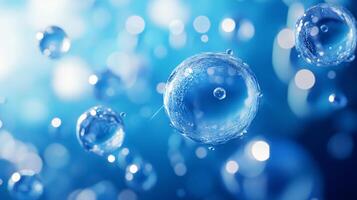 The image is of a blue and clear sphere with many small bubbles surrounding it. The bubbles are scattered throughout the sphere, creating a sense of movement and energy. Scene is one of fluidity photo