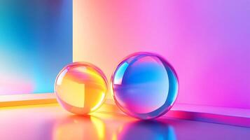 Two large, colorful spheres are reflected in a light. The spheres are surrounded by a colorful background photo