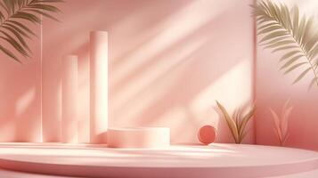 Pink room with a white wall and a pink floor. There is a small red ball on the floor and a plant in the corner photo