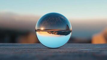 Large, clear, round glass ball sits on a wooden surface. The ball is surrounded by a blue sky and mountains in the background. Concept of calm and serenity photo