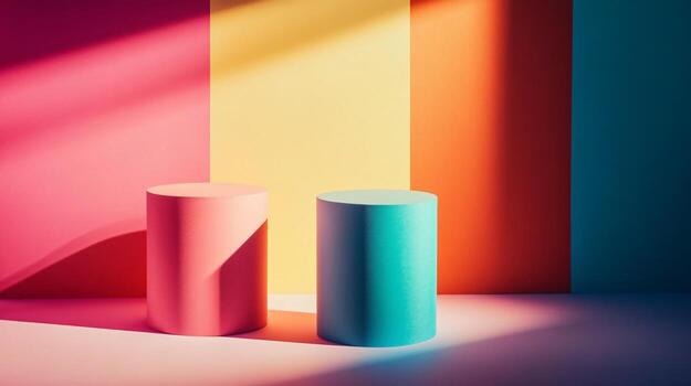 Two colorful cubes are placed in front of a wall with a yellow stripe. The cubes are made of paper and are illuminated by the sun, creating a warm and inviting atmosphere photo