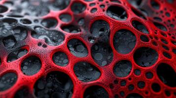 Red and black abstract image with many holes and dots. The image has a futuristic and surreal feel to it photo