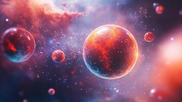 Colorful space scene with a large red planet surrounded by smaller planets. The scene is filled with bright colors and a sense of wonder photo