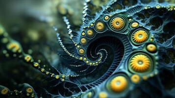 Spiral of yellow and blue dots. The spiral is made up of many small circles, some of which are yellow and some are blue. The colors and shapes create a sense of movement and energy photo