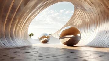 Large, curved space with two large spheres in the middle. The spheres are reflecting light and creating a sense of depth and movement photo