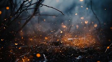 Blurry image of a forest with a lot of fire and smoke. Scene is intense and chaotic, with the fire and smoke creating a sense of danger and destruction. The idea of the image is to convey the power photo