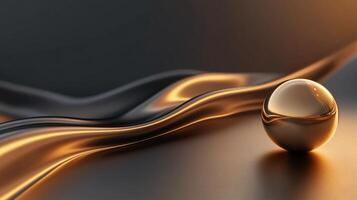 Gold ball sits on a black surface with a shiny, reflective surface. The ball is surrounded by a long, curving line that seems to be made of some sort of shiny material. Scene is one of luxury photo