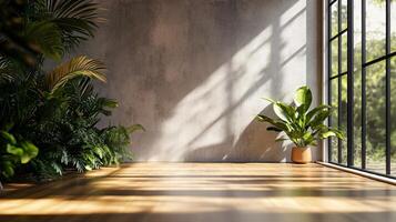 Large room with a window and a potted plant. The room is empty and has a lot of sunlight coming in through the window photo