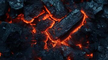 Close up of a pile of black rocks with orange flames coming out of them. Concept of danger and destruction, as the flames are hot and the rocks are sharp and jagged photo