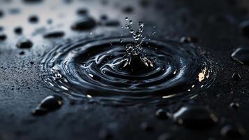 Single drop of water is falling onto a dark surface, creating a small splash. The water is clear and the surface is black, giving the image a calm and serene atmosphere photo