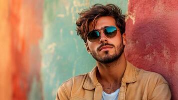 Man wearing sunglasses and a tan jacket is leaning against a wall. He has a beard and a mustache photo