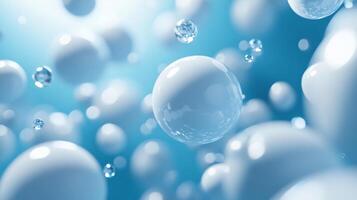 Blue background with many white spheres floating in the air. The spheres are of different sizes and are scattered all over the background. The image gives off a sense of playfulness and whimsy photo