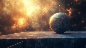 Large planet is sitting on a rocky surface in the middle of a starry sky. The planet is surrounded by a lot of stars, and the sky is filled with a lot of light. The scene is peaceful and serene photo