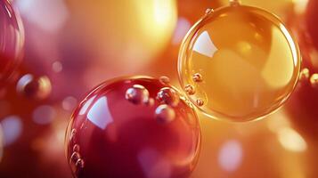 Close up of a bunch of bubbles with a red and orange background. The bubbles are of different sizes and are floating in the air. Concept of playfulness and lightheartedness photo