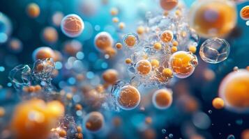 Colorful image of many small spheres, some of which are orange, and others are blue. The image has a dreamy, surreal quality to it, as if it were a painting or a piece of abstract art photo