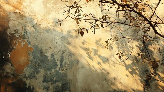 Tree branch casts a shadow on a wall. The shadow is large and dark, and the tree branch is thin and light photo