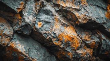 Rock with a brownish orange hue. The rock is rough and jagged. The color of the rock is a mix of blue and orange photo