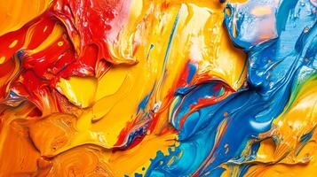 Painting with a lot of colors and splatters. The colors are red, yellow, and blue. The painting has a lot of texture and seems to be abstract. The mood of the painting is energetic and chaotic photo