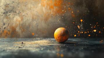 Small orange ball is sitting on a wet surface. The ball is surrounded by a lot of debris, which gives the impression of a chaotic scene. Scene is one of disorder and confusion photo