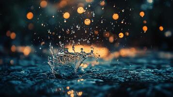 Splash of water in the air with a blurry background. The water droplets are scattered and the sky is dark photo