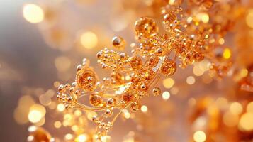 Close up of a gold and silver object with many small beads. The beads are scattered all over the object, creating a sense of movement and depth. Scene is one of luxury and elegance, as the gold photo