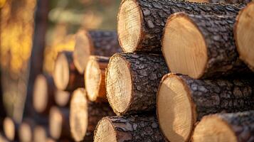 Pile of logs with a yellowish tint. The logs are stacked on top of each other, creating a sense of depth and dimension. The scene evokes a feeling of warmth and coziness photo