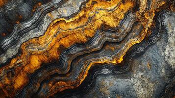 Painting of a rocky cliff with a wave pattern. The colors are mostly brown and gray, with some orange accents. The painting gives off a sense of ruggedness and strength photo