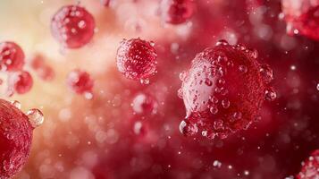 Close up of red spheres with a blurry background. The spheres are all different sizes and are scattered throughout the image. Scene is one of chaos and disorder photo