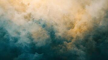 Painting of a cloudy sky with a blue and yellow background. The sky is filled with clouds and the colors are vibrant. The mood of the painting is calm and peaceful photo
