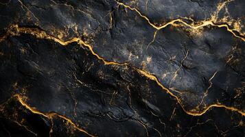 Black and gold stone wall with cracks and grooves. The wall is made of a material that is not very smooth, and it has a rough texture photo