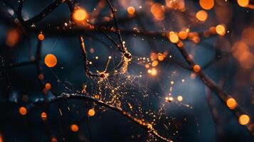 Tree with a spider web and a lot of sparkles. The spider web is orange and the sparkles are scattered throughout the image. Scene is whimsical and playful, as the spider web photo