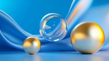 Three gold spheres on a blue background. The spheres are placed in a way that creates a sense of depth and dimension, with the larger sphere in the center and the smaller ones surrounding it photo
