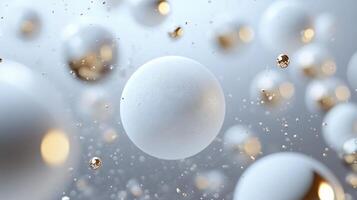 Large white sphere surrounded by smaller white spheres. Scene is one of chaos and disorder, as the white spheres are scattered all over the scene photo