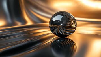 Shiny, metallic ball is sitting on a shiny, black fabric. The ball is surrounded by a reflection of itself, creating a sense of depth and movement. The image evokes a feeling of luxury photo