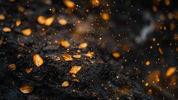 Black background with a lot of orange and yellow leaves scattered around. The leaves are falling from a tree, creating a sense of autumn and decay. Scene is one of melancholy and nostalgia photo
