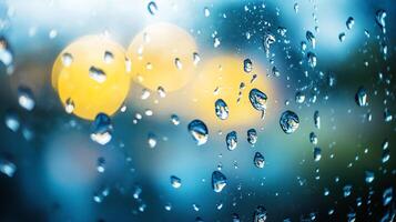 Window with raindrops on it. The raindrops are scattered all over the window, creating a blurry and hazy effect. Scene is calm and peaceful, as the raindrops seem to be falling gently photo