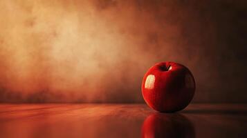 Red apple sits on a table in front of a wall. The apple is shiny and wet, and it is the only object in the image photo