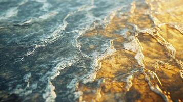 Beautiful ocean scene with a mix of blue and yellow colors. The waves are crashing against the shore, creating a sense of movement and energy. The water appears to be calm photo