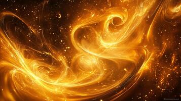 Bright yellow background with a swirl of gold and orange. The swirls are like a fire, and the background is filled with stars. The image has a warm, inviting, and energetic mood photo