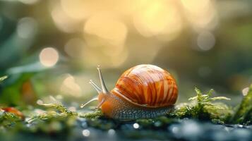 Small orange and brown snail is laying on a green mossy surface. The snail is surrounded by a blurry background, giving the image a dreamy, ethereal quality photo