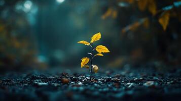 Small plant is growing in the dirt. The plant is surrounded by a dark background, which creates a sense of depth and contrast. The image conveys a feeling of growth and renewal photo