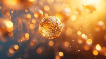 Close up of a gold colored ball with a lot of sparkles. The ball is surrounded by a blurry background with many small circles. The image has a dreamy, ethereal quality to it photo