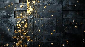 Black and gold wall with a crack in it. The crack is filled with gold dust. The wall is made of square tiles photo