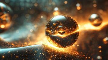 Glowing sphere of gold and silver is surrounded by a glittering background. The sphere is the main focus of the image, drawing the viewer's eye to it. The glittering background adds a sense of magic photo