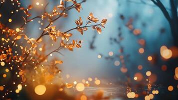 Tree branch with leaves that are orange and yellow. The leaves are illuminated by a light source, creating a warm and inviting atmosphere photo