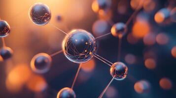 Close up of a bunch of spheres with lines connecting them. The spheres are of different sizes and colors. Concept of complexity and interconnectedness photo