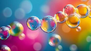 Colorful image of bubbles floating in the air. The bubbles are of different sizes and colors, creating a sense of movement and playfulness. Scene is lighthearted and joyful photo