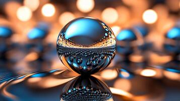 Large, clear sphere with a blue and orange background. The sphere is surrounded by many smaller spheres, creating a sense of depth and movement. Scene is serene and calming, as the water photo