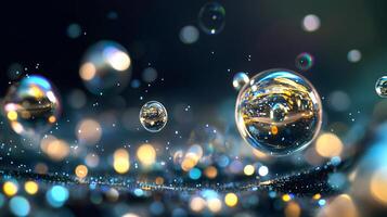 Collection of bubbles in various sizes and colors, with a blue background. The bubbles are scattered throughout the image, creating a sense of movement and energy. Scene is playful and whimsical photo