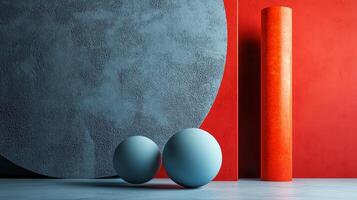 Blue and orange egg is placed in front of a red wall. The egg is surrounded by a blue sphere and a red cylinder. The scene is abstract and has a modern feel to it photo
